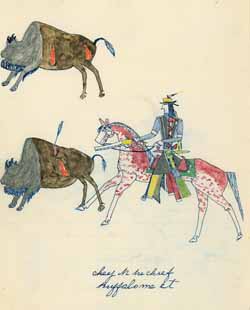 Chief Buffalo Meat hunting buffalo Ink, watercolor, colored pencil on wove paper,